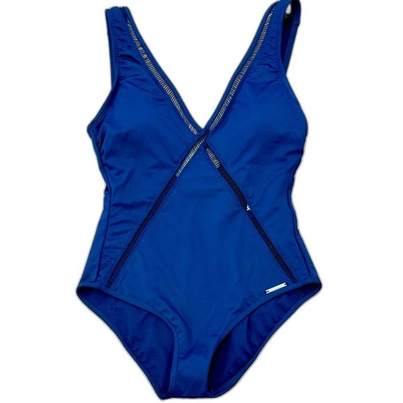 NWT* Michael Kors Cut-Out V-Neck One Piece Swim in Navy - Women's 10 - Picture 2 of 9